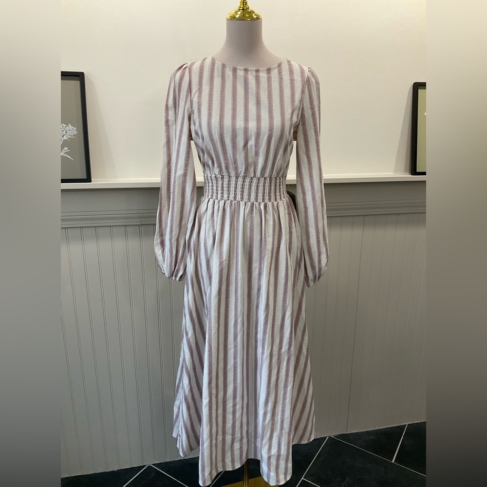 Petal & Pup Linen Blend Striped Midi Dress Puff Sleeve Tie Waist Small